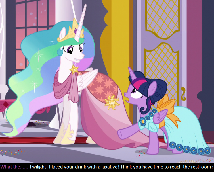 Size: 770x621 | Tagged: safe, derpibooru import, edit, edited screencap, screencap, princess celestia, twilight sparkle, twilight sparkle (alicorn), alicorn, pony, make new friends but keep discord, bronybait, caption, clothes, dress, gala dress, implied diarrhea, joke, laxative, meta, missing accessory, prank, trollestia