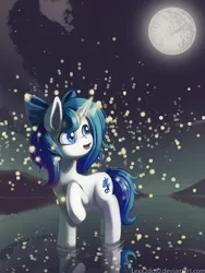 Size: 900x1200 | Tagged: safe, artist:lexx2dot0, derpibooru import, oc, oc:sapphire moonlight, unofficial characters only, pony, unicorn, bow, commission, female, full moon, glowing horn, hair bow, looking back, magic, mare, mare in the moon, moon, night, open mouth, raised hoof, reflection, smiling, solo