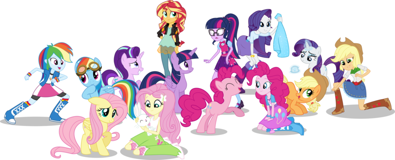 Size: 10000x4060 | Tagged: safe, artist:limedazzle, derpibooru import, angel bunny, applejack, fluttershy, pinkie pie, rainbow dash, rarity, sci-twi, starlight glimmer, sunset shimmer, twilight sparkle, alicorn, earth pony, pegasus, pony, unicorn, equestria girls, absurd resolution, boots, bowtie, bracelet, clothes, compression shorts, cowboy boots, cowboy hat, crossover, cute, denim skirt, glasses, goggles, group, hat, high heel boots, human ponidox, humane five, humane seven, humane six, jacket, jewelry, mane six, mary janes, self ponidox, shoes, simple background, skirt, smiling, socks, square crossover, stetson, tanktop, transparent background, twolight, vector, wings, wristband