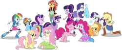 Size: 10000x4060 | Tagged: safe, artist:limedazzle, derpibooru import, angel bunny, applejack, fluttershy, pinkie pie, rainbow dash, rarity, sci-twi, starlight glimmer, sunset shimmer, twilight sparkle, alicorn, earth pony, pegasus, pony, unicorn, equestria girls, absurd resolution, boots, bowtie, bracelet, clothes, compression shorts, cowboy boots, cowboy hat, crossover, cute, denim skirt, glasses, goggles, group, hat, high heel boots, human ponidox, humane five, humane seven, humane six, jacket, jewelry, mane six, mary janes, self ponidox, shoes, simple background, skirt, smiling, socks, square crossover, stetson, tanktop, transparent background, twolight, vector, wings, wristband
