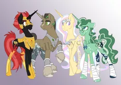 Size: 2100x1474 | Tagged: safe, artist:legally-psychotic, derpibooru import, oc, oc:aries, oc:gemini, oc:prince pisces, oc:taurus, unofficial characters only, pony, unicorn, armor, bandage, colored hooves, gradient background, male, quartet, raised hoof, stallion