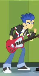 Size: 374x716 | Tagged: safe, derpibooru import, screencap, flash sentry, equestria girls, rainbow rocks, angry, clothes, electric guitar, guitar, jacket, pants, shoes, sneakers, solo