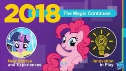 Size: 1200x675 | Tagged: safe, derpibooru import, official, pinkie pie, twilight sparkle, earth pony, pony, unicorn, season 8, 2018, confirmed, hasbro, hype, it begins, logo, my little pony logo, pony history, stock vector, the magic continues, the ride never ends