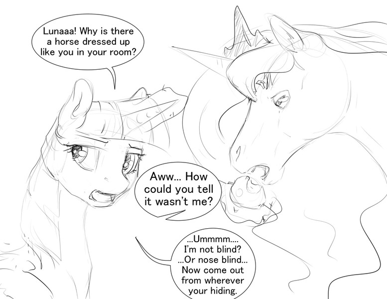 Size: 1280x989 | Tagged: safe, artist:silfoe, derpibooru import, twilight sparkle, twilight sparkle (alicorn), oc, oc:horace octavius reginald sorrel edward, alicorn, horse, pony, apple, dialogue, duo, food, glowing horn, grammar error, grayscale, implied princess luna, jewelry, magic, mister ed, monochrome, offscreen character, open mouth, regalia, simple background, sketch, white background, wig