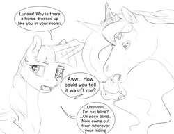 Size: 1280x989 | Tagged: safe, artist:silfoe, derpibooru import, twilight sparkle, twilight sparkle (alicorn), oc, oc:horace octavius reginald sorrel edward, alicorn, horse, pony, apple, dialogue, duo, food, glowing horn, grammar error, grayscale, implied princess luna, jewelry, magic, mister ed, monochrome, offscreen character, open mouth, regalia, simple background, sketch, white background, wig