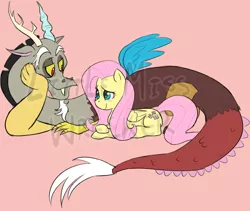 Size: 1199x1013 | Tagged: safe, artist:littlemisswrecker, derpibooru import, discord, fluttershy, cute, discoshy, discute, female, male, obtrusive watermark, shipping, straight, watermark