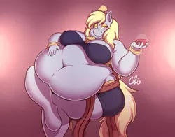 Size: 4200x3300 | Tagged: absurd resolution, aderpose, alcohol, anthro, artist:nekocrispy, bbw, bedroom eyes, belly, belly button, big belly, big breasts, blushing, breasts, bubble butt, busty derpy hooves, chubby cheeks, derpibooru import, derpy hooves, double chin, fat, female, food, kitchen eyes, morbidly obese, muffin, muffin queen, obese, rolls of fat, sitting, smiling, solo, solo female, suggestive, thunder thighs, top, underp, unguligrade anthro, wide hips, wine