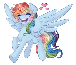 Size: 968x831 | Tagged: artist:felcia, blushing, derpibooru import, eyes closed, heart, open mouth, rainbow dash, safe, simple background, solo, spread wings, transparent background