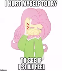 Size: 500x568 | Tagged: semi-grimdark, artist:witchityman, derpibooru import, fluttershy, equestria girls, blood, boots, clothes, crying, cutting, depression, edgy, high heel boots, hurt (song), injured, johnny cash, nine inch nails, self harm, simple background, skirt, socks, solo, song reference, white background