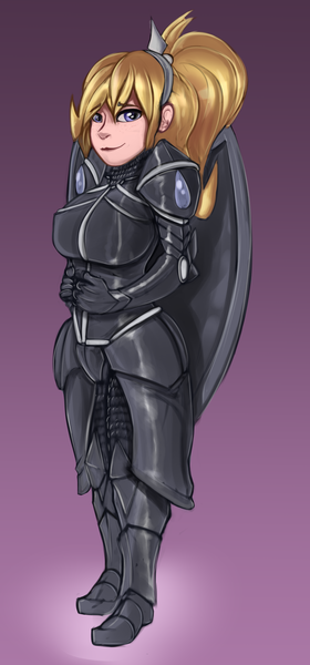 Size: 1569x3365 | Tagged: safe, artist:mangticore, derpibooru import, oc, oc:ebony feather, unofficial characters only, human, armor, female, freckles, gradient background, humanized, humanized oc, image, looking at you, png, ponytail, shield, solo