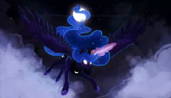 Size: 1800x1035 | Tagged: artist:supremeowl, derpibooru import, flying, glowing eyes, glowing horn, moon, night, princess luna, safe, solo, stars, tangible heavenly object