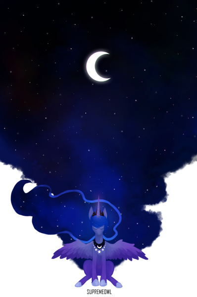 Size: 920x1388 | Tagged: artist:supremeowl, derpibooru import, eyes closed, moon, night, princess luna, safe, sitting, solo, spread wings, stars