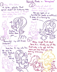 Size: 1280x1611 | Tagged: safe, artist:adorkabletwilightandfriends, derpibooru import, roseluck, spike, starlight glimmer, sunburst, dragon, pony, unicorn, comic:adorkable twilight and friends, adorkable friends, cologne, comic, crossed arms, dialogue, floppy ears, lidded eyes, lineart, looking at each other, nostrils, open mouth, sad, sitting, slice of life, smelly