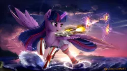 Size: 1920x1080 | Tagged: safe, artist:discordthege, derpibooru import, twilight sparkle, twilight sparkle (alicorn), alicorn, pony, anime, battleship, battleship ponies, clothes, crossover, giant pony, glowing horn, gun, hotel class battleship, kantai collection, macro, magic, ocean, open clothes, patreon, patreon logo, shipmare, skirt, smiling, socks, solo, spread wings, striped socks, sunset, thigh highs, water, weapon, yamato