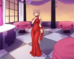 Size: 2125x1687 | Tagged: safe, artist:alasou, deleted from derpibooru, derpibooru import, oc, oc:ruby aura, unofficial characters only, anthro, unicorn, anthro oc, breasts, clothes, commission, dress, female, gala dress, grand galloping gala, looking at you, mare, red dress, smiling, solo, table, window