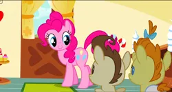 Size: 1360x730 | Tagged: safe, derpibooru import, screencap, pinkie pie, pound cake, pumpkin cake, pony, baby cakes, cake twins, diaper, smiling, sugarcube corner