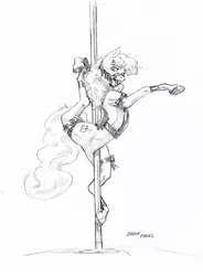 Size: 1100x1494 | Tagged: suggestive, artist:baron engel, derpibooru import, oc, oc:carousel, unofficial characters only, earth pony, pony, backbend, bridle, contortionist, female, flexible, looking at you, mare, monochrome, pencil drawing, pole dancing, sketch, solo, solo female, stripper pole, tack, traditional art