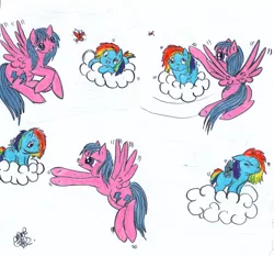 Size: 2646x2463 | Tagged: safe, artist:vegemiteguzzler, derpibooru import, firefly, rainbow dash, butterfly, pegasus, pony, buzzing wings, cloud, colored pencil drawing, female, filly, filly rainbow dash, firefly as rainbow dash's mom, foal, g1, g1 to g4, g4, generation leap, mare, mother and child, mother and daughter, on a cloud, standing on cloud, traditional art, wings