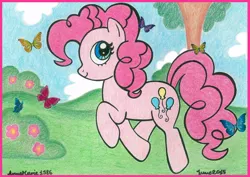 Size: 900x636 | Tagged: safe, artist:annemarie1986, derpibooru import, pinkie pie, butterfly, solo, traditional art, tree