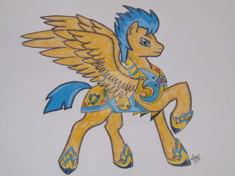 Size: 1024x768 | Tagged: safe, artist:chi-bird, derpibooru import, flash sentry, pegasus, pony, armor, badass, epic, lidded eyes, looking at you, raised hoof, royal guard, simple background, smirk, solo, spread wings, watermark, white background