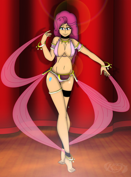 Size: 1570x2118 | Tagged: artist:tyron91, barefoot, bedroom eyes, belly button, belly dancer, big breasts, breasts, busty pinkie pie, cleavage, cutie mark, cutie mark on human, dancing, derpibooru import, feet, female, human, humanized, lens flare, looking at you, midriff, pinkie pie, solo, solo female, stage, suggestive