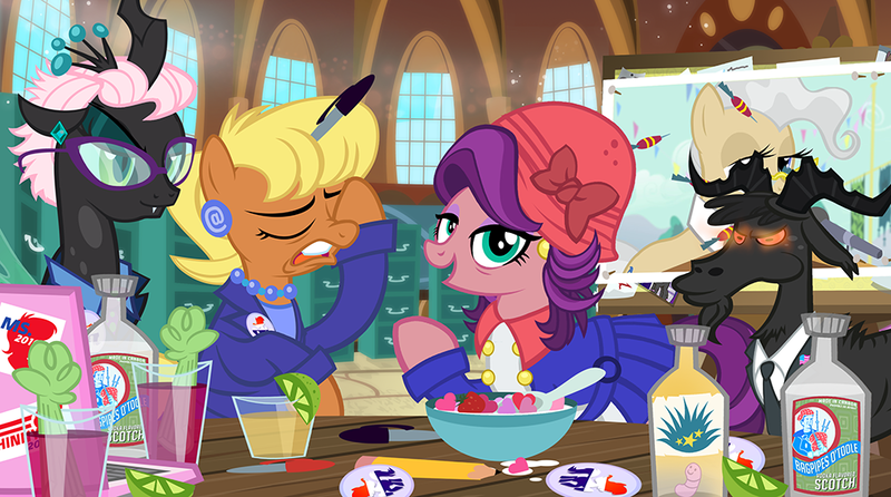 Size: 1000x557 | Tagged: alcohol, alternate hairstyle, artist:pixelkitties, bagpipes o'toole, changeling, clothes, derpibooru import, dress, drink, eyes closed, food, goat, hat, kellyanne conway, looking at you, mezcal, ms. harshwhinny, oc, oc:black phillip, open mouth, pleated skirt, queen chrysalis, raised hoof, safe, scotch, sean spicer, skirt, spoiled rich, steve bannon, table, votehorse, whiskey, worm