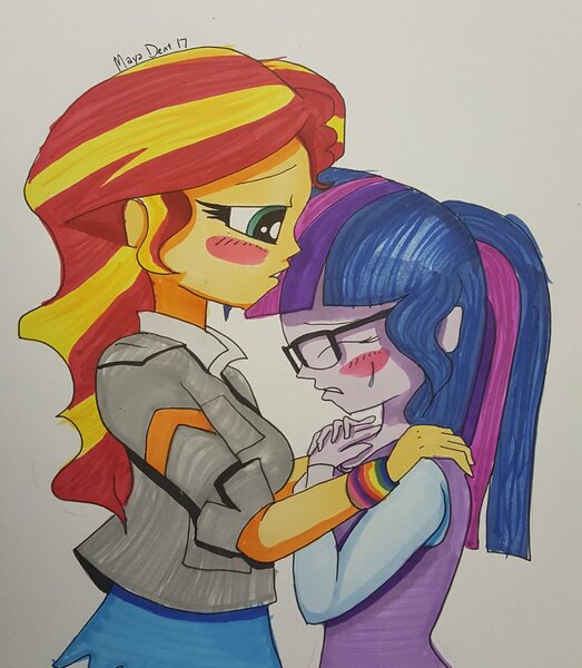 Size: 1024x1174 | Tagged: safe, artist:missmayaleanne, derpibooru import, sci-twi, sunset shimmer, twilight sparkle, human, equestria girls, blushing, clothes, comfort, comforting, comforting twilight, crying, embrace, eyes closed, female, humanized, jacket, leather jacket, lesbian, scitwishimmer, shipping, simple background, sunsetsparkle, traditional art