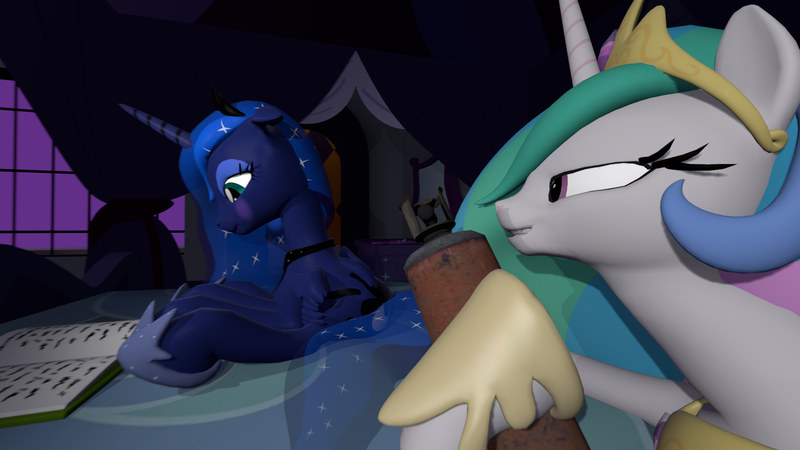 Size: 1920x1080 | Tagged: questionable, artist:strangedesirexxx, derpibooru import, princess celestia, princess luna, alicorn, pony, 3d, air inflation, air tank, bed, bedroom, blushing, book, butt inflation, drunk, drunk luna, drunklestia, inflation, luna's room, on bed, reading, source filmmaker, video at source, youtube link