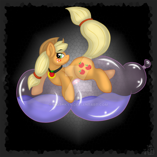 Size: 900x900 | Tagged: applejack, artist:mothkyn, balloon, balloon fetish, balloon sitting, black background, blushing, derpibooru import, fetish, food, jewelry, looking at you, necklace, peach, prone, safe, simple background, solo, watermark