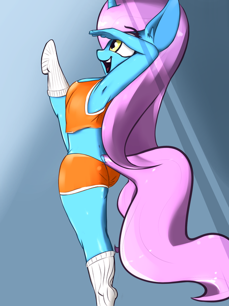 Size: 1500x2000 | Tagged: suggestive, artist:wavepon, derpibooru import, oc, oc:willow winsome, unofficial characters only, anthro, plantigrade anthro, unicorn, armpits, booty shorts, clothes, female, salute, socks, solo, solo female