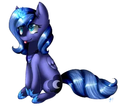 Size: 997x889 | Tagged: safe, artist:alithecat1989, derpibooru import, princess luna, alicorn, pony, cute, filly, lunabetes, magic, s1 luna, simple background, sitting, smiling, solo, starry eyes, tongue out, transparent background, wingding eyes, woona, younger
