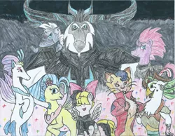 Size: 2189x1700 | Tagged: safe, artist:triforce-treasure, derpibooru import, capper dapperpaws, captain celaeno, fizzlepop berrytwist, grubber, princess skystar, queen novo, songbird serenade, storm king, tempest shadow, anthro, cat, pony, seapony (g4), my little pony: the movie, angry, anthro with ponies, armor, broken horn, chest fluff, clothes, coat, ear piercing, earring, eye scar, female, frown, happy, hat, jewelry, looking at you, mare, open mouth, piercing, scar, traditional art