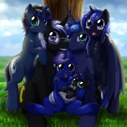 Size: 3000x3000 | Tagged: safe, artist:evomanaphy, derpibooru import, princess luna, oc, oc:lumen, oc:new moon, oc:night shadow, alicorn, pony, unicorn, baby, baby pony, canon x oc, commission, cute, family, female, filly, foal, glasses, grass, happy, hug, jewelry, lunadow, male, necklace, offspring, parent:oc:night shadow, parent:princess luna, parents:canon x oc, parents:lunadow, shipping, smiling, straight, winghug