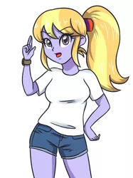 Size: 2598x3472 | Tagged: safe, artist:sumin6301, derpibooru import, cloudy kicks, equestria girls, breasts, clothes, female, looking at you, open mouth, ponytail, shorts, simple background, solo, standing, watch, white background, white shirt