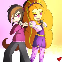 Size: 2000x2000 | Tagged: safe, artist:mytatsur, derpibooru import, adagio dazzle, oc, oc:cupcake slash, equestria girls, clothes, equestria girls-ified, microphone, pants, pointing, singing