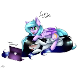 Size: 2838x2528 | Tagged: safe, artist:harmonyskish, derpibooru import, oc, oc:cyan crystal, oc:moonflare, unofficial characters only, pegasus, pony, blushing, computer, female, gay, high res, laptop computer, male, mare, prone, simple background, transparent background