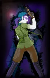 Size: 1048x1620 | Tagged: safe, artist:verbose, derpibooru import, rarity, equestria girls, a tale too far, airsoft, ponytail, shooting for friendship, solo, trigger discipline