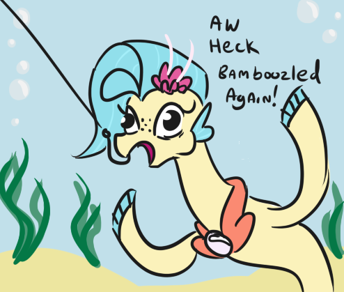 Size: 494x419 | Tagged: artist:jargon scott, bait, bamboozled, derp, derpibooru import, fishing, fishing hook, freckles, heck, hook, hooky, my little pony: the movie, open mouth, princess skystar, safe, seapony (g4), solo, spongebob squarepants, stuck, underwater, wide eyes