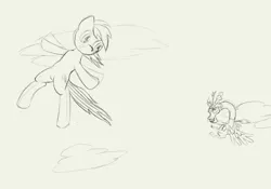 Size: 2000x1400 | Tagged: safe, artist:gliconcraft, derpibooru import, discord, rainbow dash, draconequus, pegasus, pony, cloud, cloudy, flying, monochrome, sketch, sky