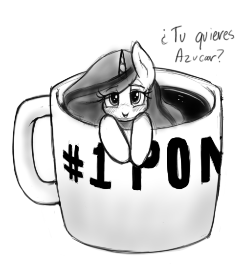 Size: 499x550 | Tagged: safe, artist:anearbyanimal, derpibooru import, oc, oc:azucar, unofficial characters only, coffee pony, drink pony, food pony, goo pony, monster pony, original species, pony, blushing, coffee, coffee mug, cup, cup of pony, cute, dialogue, food, grayscale, lidded eyes, looking at you, micro, monochrome, mug, simple background, sketch, smiling, solo, spanish, spanish text, sugar (food), weapons-grade cute, white background