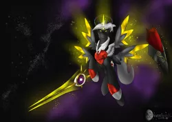 Size: 1024x724 | Tagged: safe, artist:humble-ravenwolf, derpibooru import, oc, oc:ravenhoof, unofficial characters only, alicorn, pony, alicorn oc, crown, four winged, halo, jewelry, male, regalia, shield, space, stallion, sword, weapon