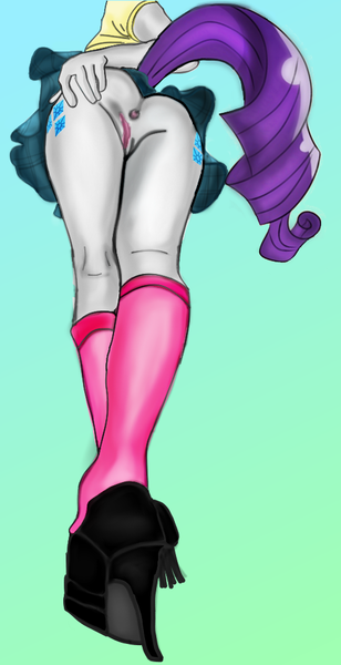 Size: 517x1008 | Tagged: anus, artist:cabrony, ass, both cutie marks, butt only, clothes, derpibooru import, explicit, female, human, humanized, kneesocks, nudity, platform shoes, pony coloring, rarity, skirt, skirt lift, socks, solo, solo female, spreading, tailed humanization, upskirt, vulva