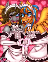 Size: 2975x3850 | Tagged: safe, artist:ladypixelheart, derpibooru import, oc, oc:cold front, oc:disty, unofficial characters only, anthro, pegasus, apron, bow, choker, clothes, crossdressing, femboy, gloves, headdress, heart, heart eyes, heart hands, long gloves, maid, male, ruffles, trap, wingding eyes