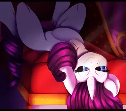 Size: 2200x1948 | Tagged: safe, artist:iblisart, derpibooru import, rarity, pony, unicorn, couch, female, lidded eyes, lying down, mare, on back, smiling, solo, upside down