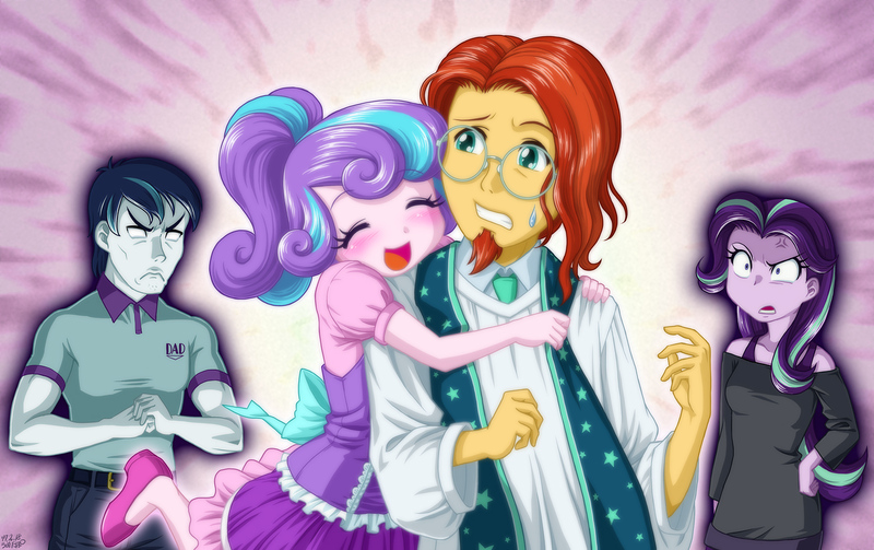 Size: 1400x880 | Tagged: safe, artist:uotapo, derpibooru import, princess flurry heart, shining armor, starlight glimmer, sunburst, equestria girls, angry, blushing, clothes, colored pupils, cracking knuckles, cross-popping veins, cute, equestria girls-ified, eyes closed, father and daughter, female, flurrybetes, flurryburst, glasses, hug, hug from behind, implied starburst, jealous, male, off shoulder, older, open mouth, overprotective, overprotective armor, pants, papa bear, papa wolf, priest, shipping, shirt, shoes, skirt, smiling, starlight glimmer is not amused, sunburst gets all the mares, sweat, sweatdrop, this will end in death, this will not end well