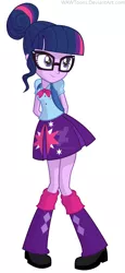 Size: 1600x3468 | Tagged: safe, artist:wawtoons, derpibooru import, sci-twi, twilight sparkle, equestria girls, arm behind back, backpack, bowtie, clothes, clothes swap, cute, equestria girls outfit, glasses, hair bun, leg warmers, pleated skirt, shoes, simple background, skirt, solo, twiabetes, vector, watermark, white background