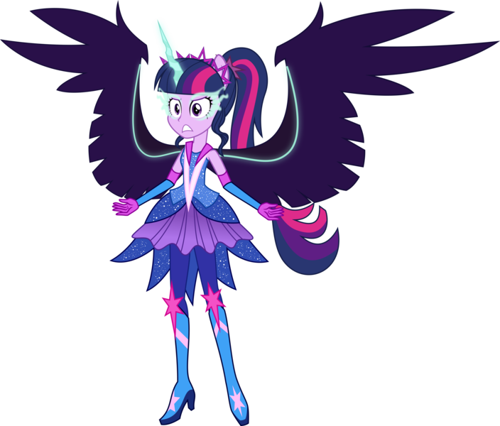 Size: 6121x5218 | Tagged: safe, artist:osipush, derpibooru import, sci-twi, twilight sparkle, equestria girls, legend of everfree, absurd resolution, alternate universe, boots, commission, corrupted, glowing horn, high heel boots, midnight sparkle, ponied up, ponytail, simple background, solo, sparkles, spread wings, super ponied up, transparent background, vector, wings