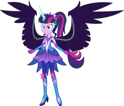 Size: 6121x5218 | Tagged: safe, artist:osipush, derpibooru import, sci-twi, twilight sparkle, equestria girls, legend of everfree, absurd resolution, alternate universe, boots, commission, corrupted, glowing horn, high heel boots, midnight sparkle, ponied up, ponytail, simple background, solo, sparkles, spread wings, super ponied up, transparent background, vector, wings