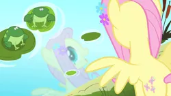 Size: 1280x720 | Tagged: safe, derpibooru import, screencap, fluttershy, frog, pegasus, pony, filli vanilli, cute, female, flower, flower in hair, mare, open mouth, plot, reflection, shyabetes, smiling, spread wings