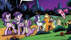 Size: 1136x640 | Tagged: safe, artist:andypriceart, derpibooru import, idw, applejack, fluttershy, pinkie pie, rainbow dash, rarity, spike, starlight glimmer, twilight sparkle, twilight sparkle (alicorn), alicorn, dragon, pony, spoiler:comic48, mane six